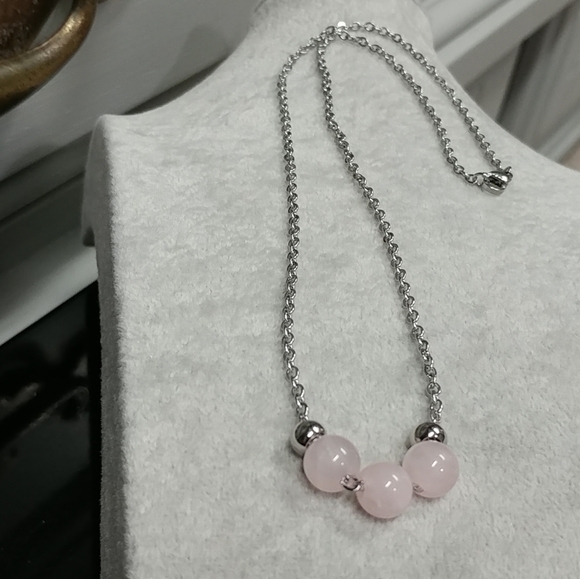 Rose Quartz Three Bead Necklace Natural Gemstone Crystal Stainless-Steel Chain - Picture 10 of 12